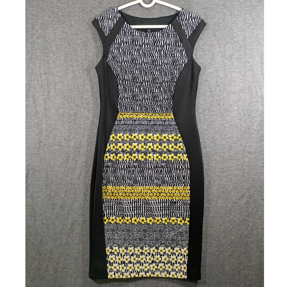 EnFocus Studio Womens Black Yellow Bodycon Dress‎ Sunflowers Stripes Size 8